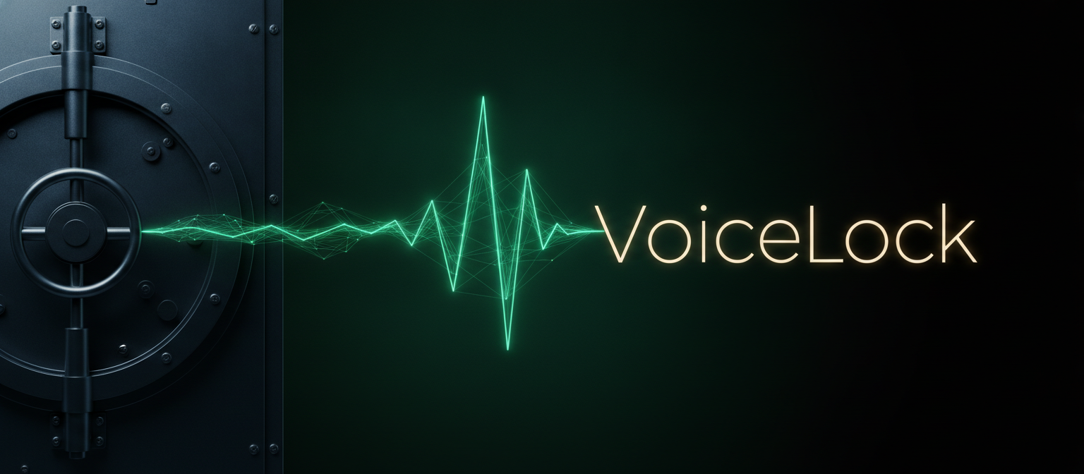VoiceLock — a dark vault door with a green voice waveform flowing from its lock into the word VoiceLock